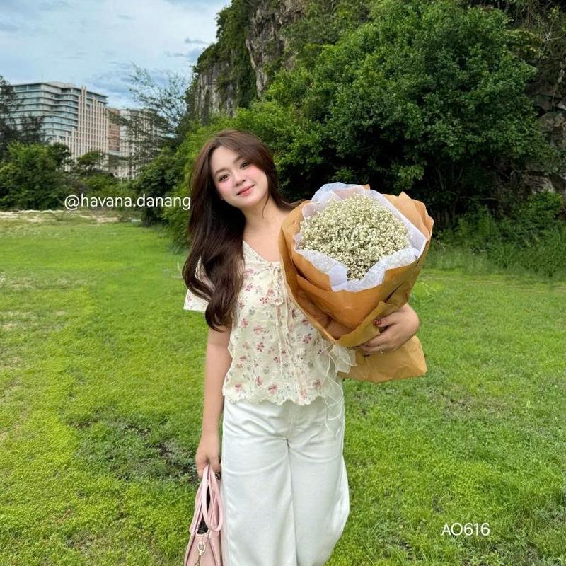 (PB.HAVANA) Áo babydoll MOMORI hoa đào hồng phối dây nơ AO616