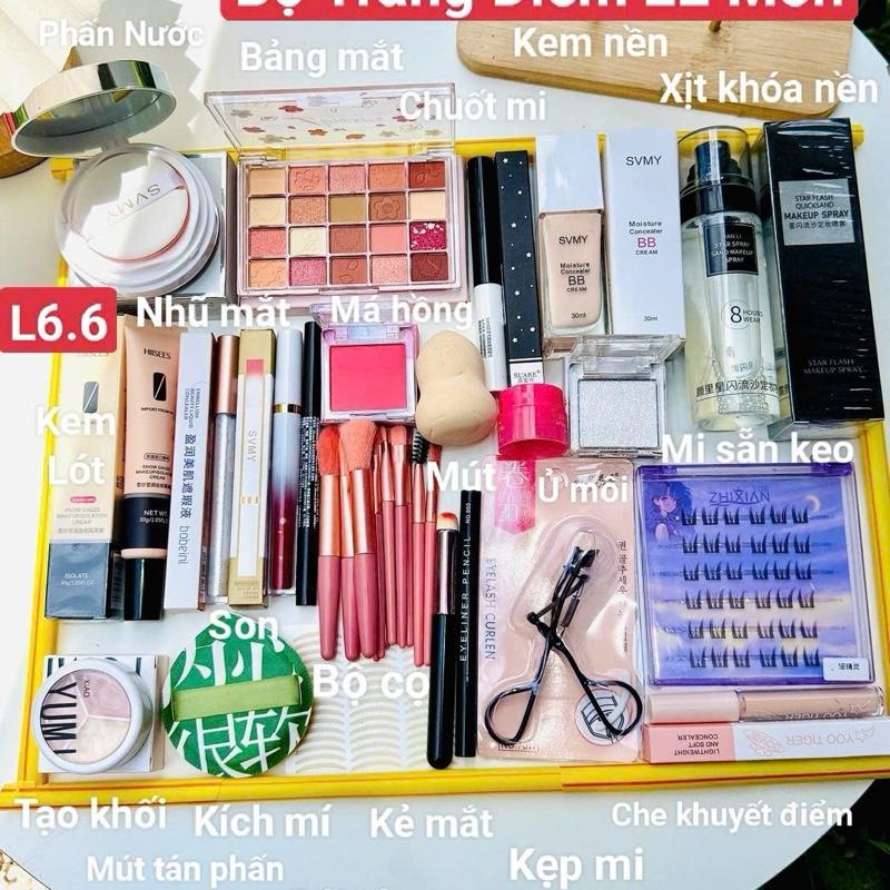  Bộ Trang Điểm 22 Món Đầy Đủ Cho Nữ Mới Học Trang Điểm Đi Chơi Đi Tiệc Mi Sẵn Chân Keo+ Kích Mí+ Phấn Nước +Bảng Mắt 20 ô+ Xịt Khoá Nền + Son Kem +Kem Lót + Kem Nền...L6.6 