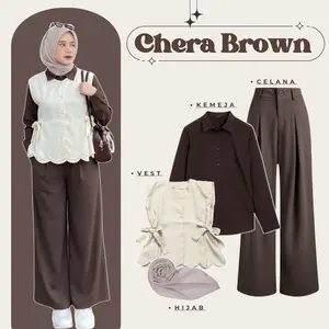 Chera Brown Setelan Wanita Kekinian 4in1 (Celana + Kemeja + Vest + Hijab) OOTD kombinasi Brown AMO24