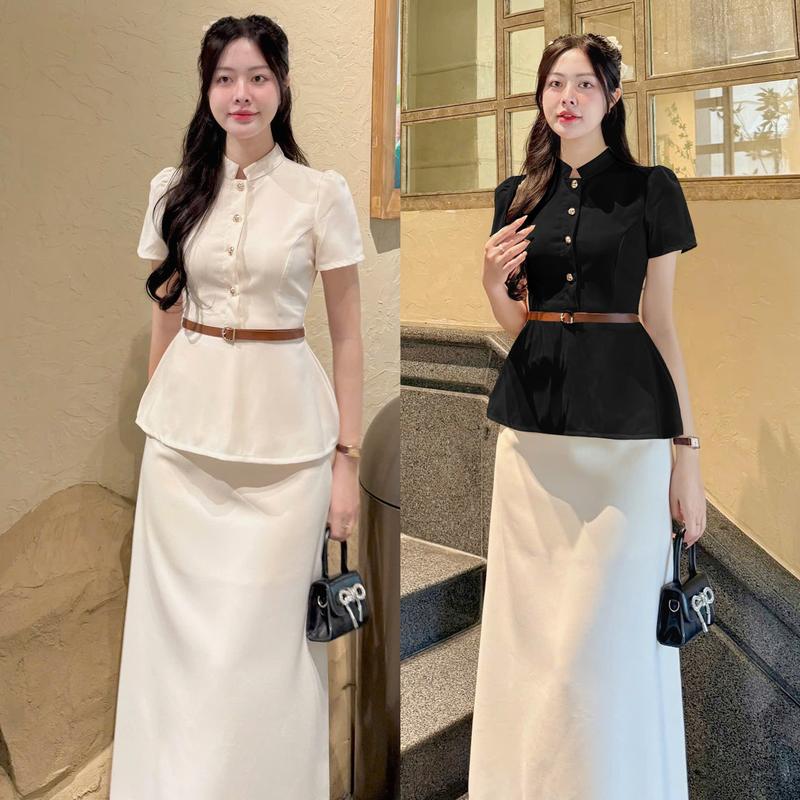 VinTex 287- CÓ LẺ SET NỮ ÁO PEPLUM CỔ TRỤ ĐÍNH NÚT BELT KÈM CHÂN VÁY DÀI 88-90CM phong cách vintage phù hợp đi làm đi chơi đi tiệc size S M L