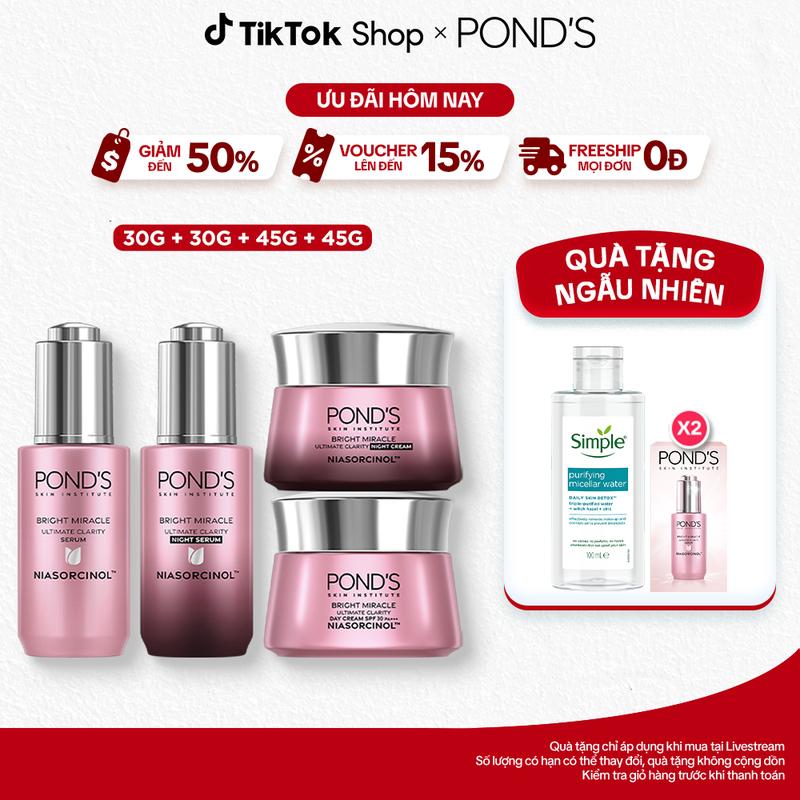 [1] Bộ Skincare 2 Serum và 2 Kem Dưỡng Da Ngày & Đêm Pond's Bright Miracle Hỗ Trợ Mờ Thâm Sạm với 50X Niasorcinol 30G+30G+45G+45G Nữ