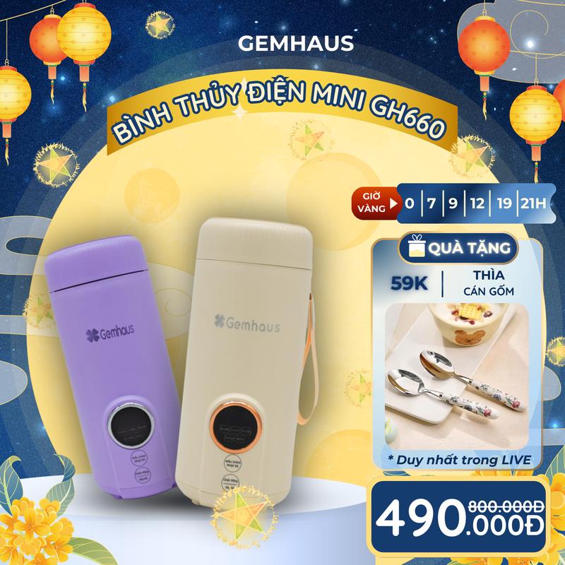 [MALL CẮM ĐIỆN] BÌNH THỦY ĐIỆN MINI GEMHAUS GH660 Công suất 400W, với 5 chế độ nhiệt tiện lợi: đun nước, pha sữa, pha cafe, giữ ấm, chỉnh nhiệt độ tuỳ ý