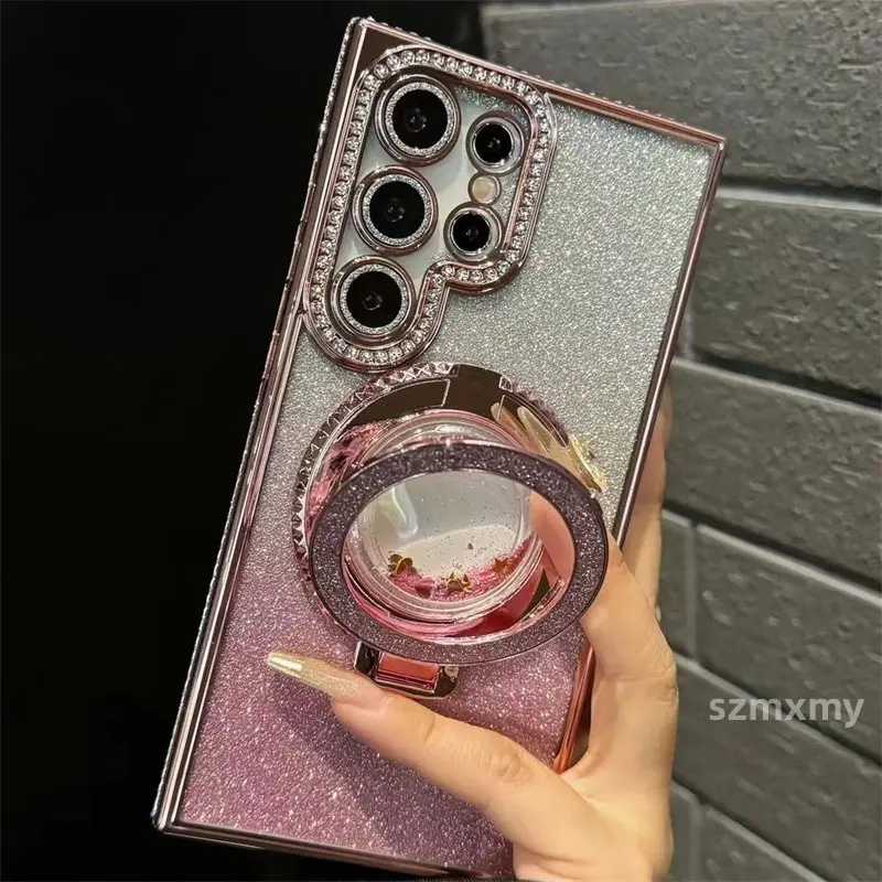 ST- Deluxe Diamond-encrusted Electroed Magnetic Phone Case for  Galaxy S24 S23 S22 Ultra S24Plus S24Ultra Folding Quicksand Stand Gradient Glitter TPU Silicone Soft Casing