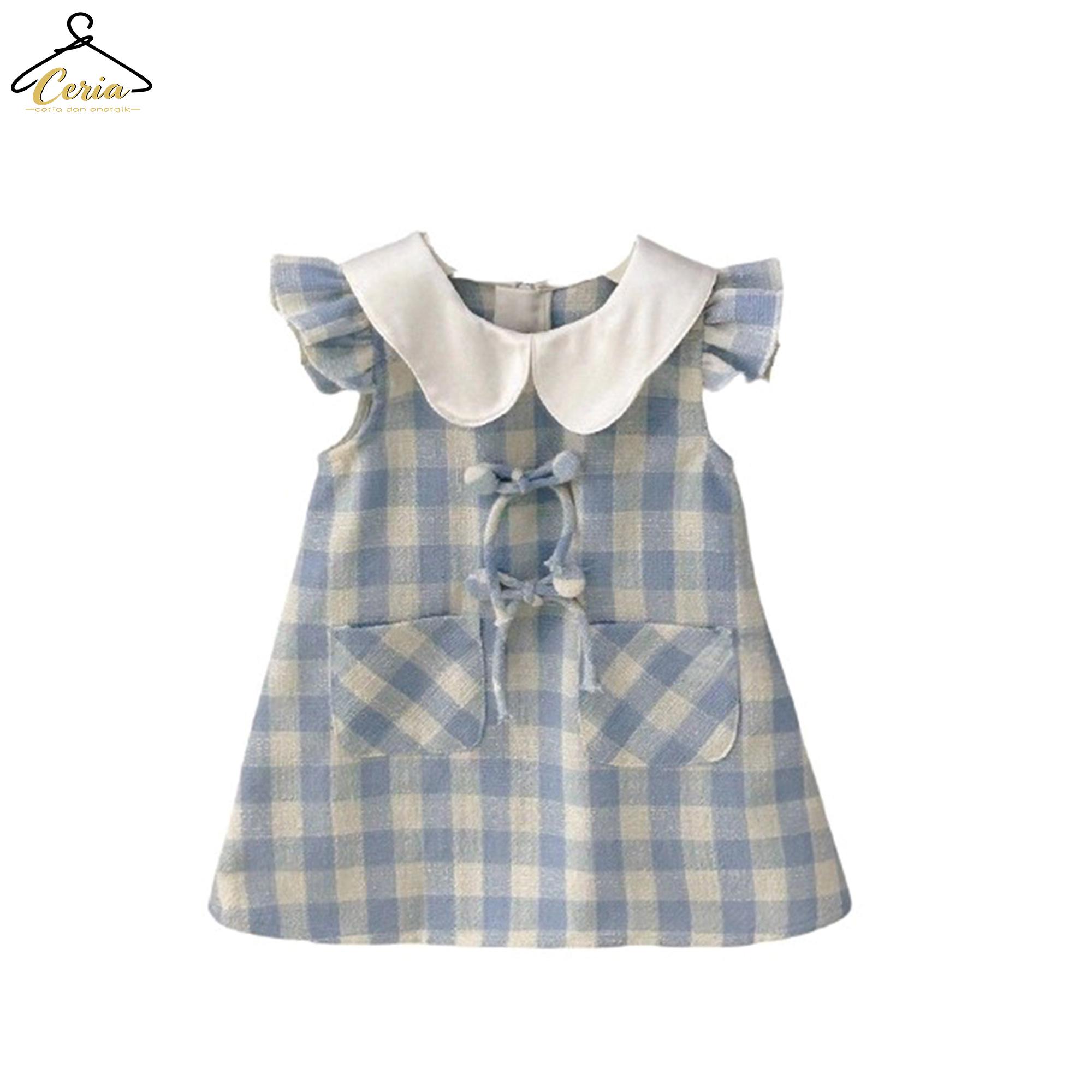 Ceria-Gaun Musim Panas Anak Perempuan / Gaun Rompi Kotak-Kotak Biru Putih Anak Perempuan / Model Kerah Besar dengan Pita