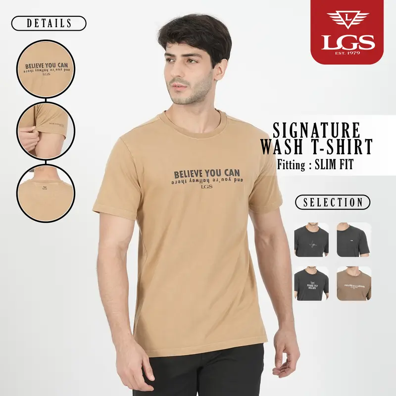 LGS - Signature Wash - Kaos Casual Pria - Sablon T-Shirt - Katun - Warna Coklat - Slim Fit - Multi 0