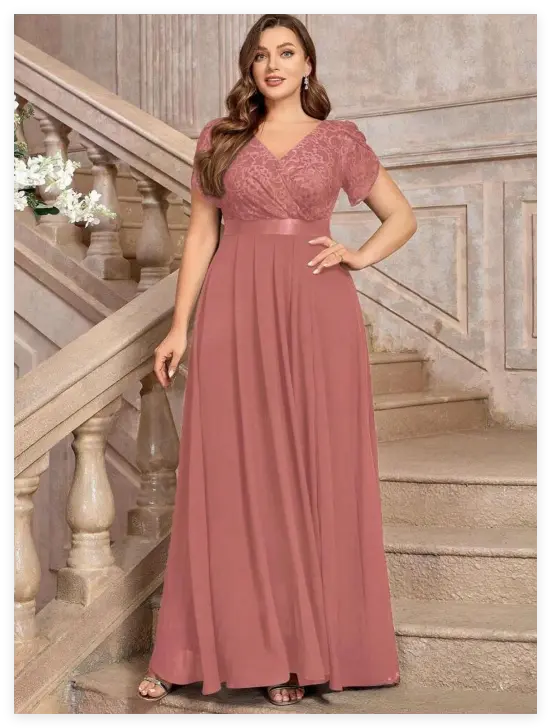 AMORS Plus Size Dusty Pink Lace Chiffon Maxi Dress Women V Neck Short  Sleeve Bridesmaid Wedding Guest Dress - TikTok Shop Philippines
