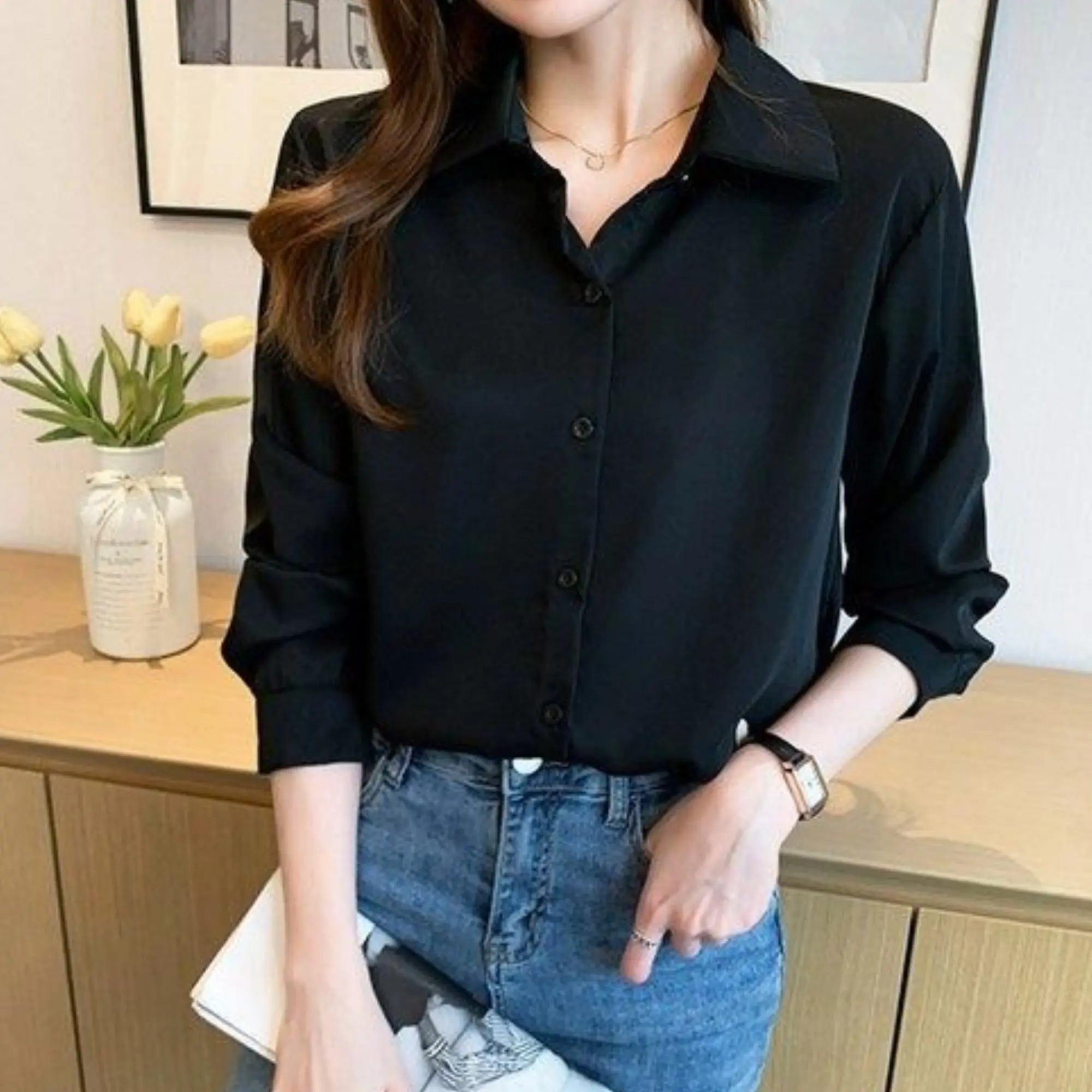 Baju Atasan Kemeja Casual Wanita Oval Korean Styles Bahan Crinkle Airflow Polos Big Size Oversize