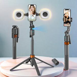 360回転式セルフィースティック三脚、スマートフェイストラッキング機能付き充電式三脚、2つのフィルライト付き、Vlogやライブストリーミング用の自動フェイストラッキングスマホホルダー
