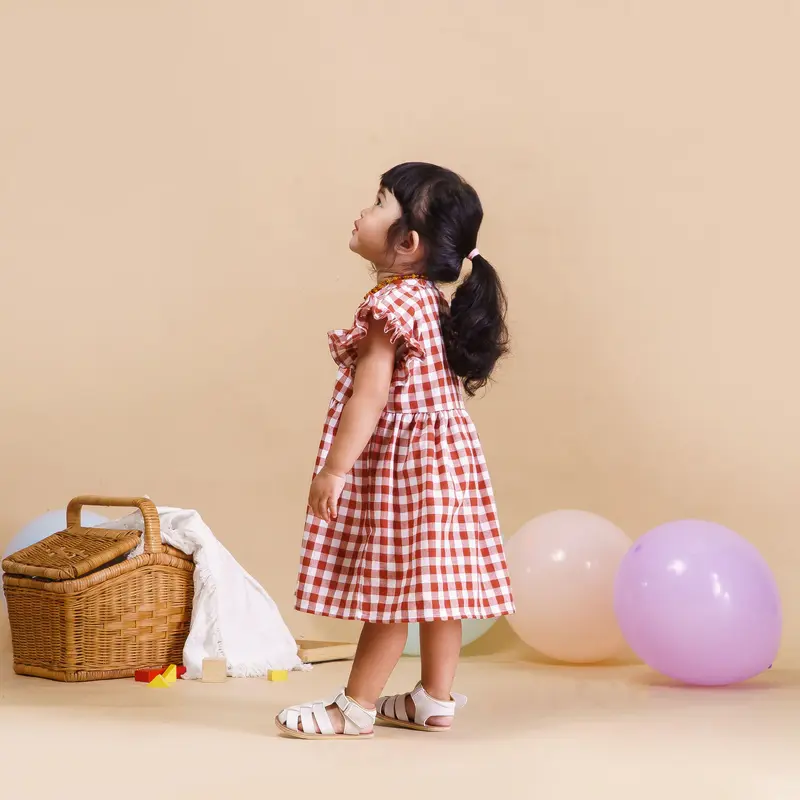 Dress Bayi Kekinian Motif Kotak Katun Perempuan Lembut Nyaman Lengan Gaun 2