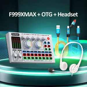 Bonkyo F999MAX Sound Card Bluetooth Live Streaming Karaoke + Headset OTG 2 in 1 Kabel Metal 1.5 Meter untuk Siaran Langsung Karaoke Pengurangan Kebisingan Cerdas Lossless Data - F999MAX+Headset+2 in 1 OTG cable