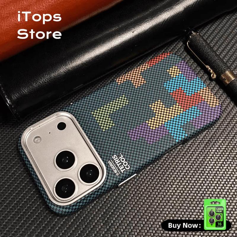 iTops Store Vỏ Điện Thoại Tetris Kevlar Siêu Mỏng Siêu Nhẹ Siêu Bền Chống Rơi Chống Vân Tay Thân Thiện Với Da Bảo Vệ Chống Sốc Cho iPhone 13/14/15/16/17/18 18ProMax 18Pro Phụ Kiện Bảo Vệ Thiết Bị Sạc Không Dây Magsafe