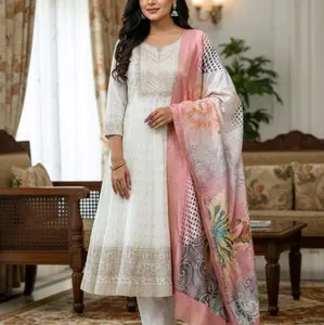 ANARKALI INDIA SETELAN CELANA+DUPATTA SIFON KREM