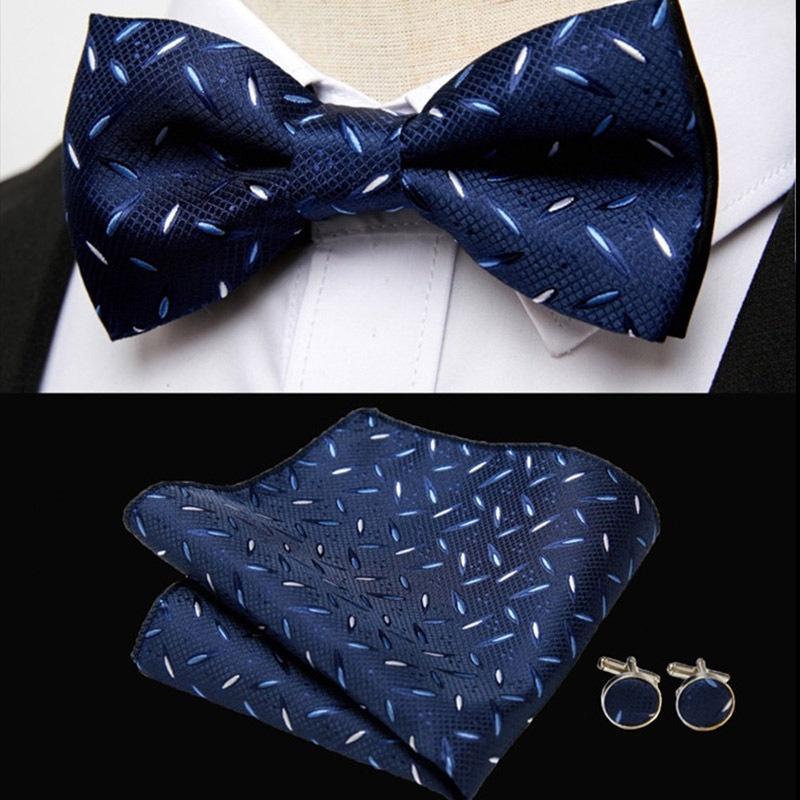 Product Introduction of 10114Men's Bowtie Pocket Square Cufflinks 3pcs Set Groom best man emcee host formal suit trendy bow tie suit 10
