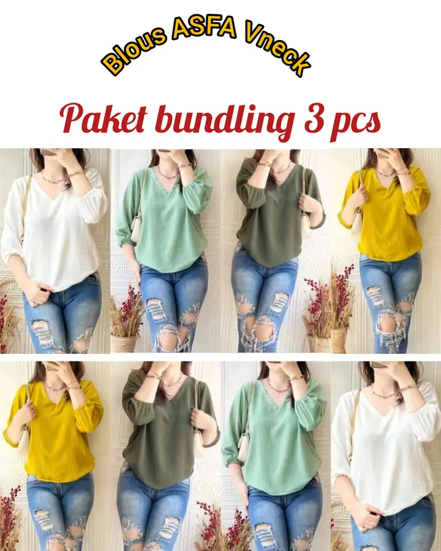BLUS WANITA VNECK ASFA 3 PCS TANGAN PANJANG BARU Baju Karet Kuning Putih Atasan Hitam Cewek Hanya Boleh Dicuci Dengan Tangan White Kerah Kaos Kerah Polos Katun Basics White Blouses & Shirts Nyaman Army 0