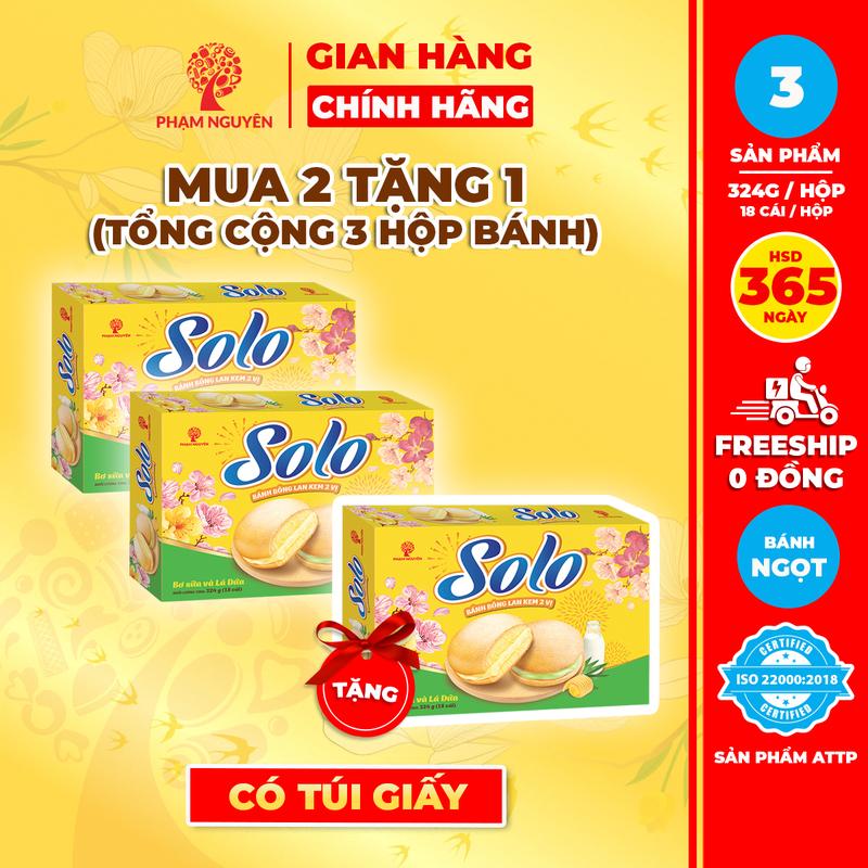 MUA 2 TẶNG 1 HỘP QUÀ TẾT 2026 Tổng cộng 3 Hộp Bánh bông lan kem Solo mix 2 vị Bơ Sữa và Lá Dứa 324g