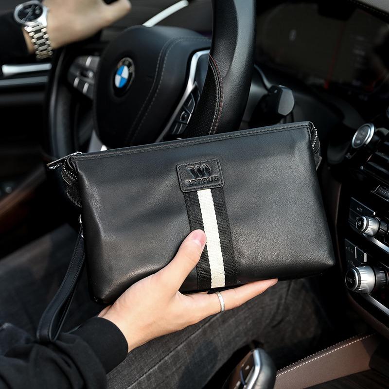 2025 Men's Clutch Bags Genuine Leather Double Layer Large Hand Bag for Male Long Wallets Envelope Bag Zipper Black Brand 4
