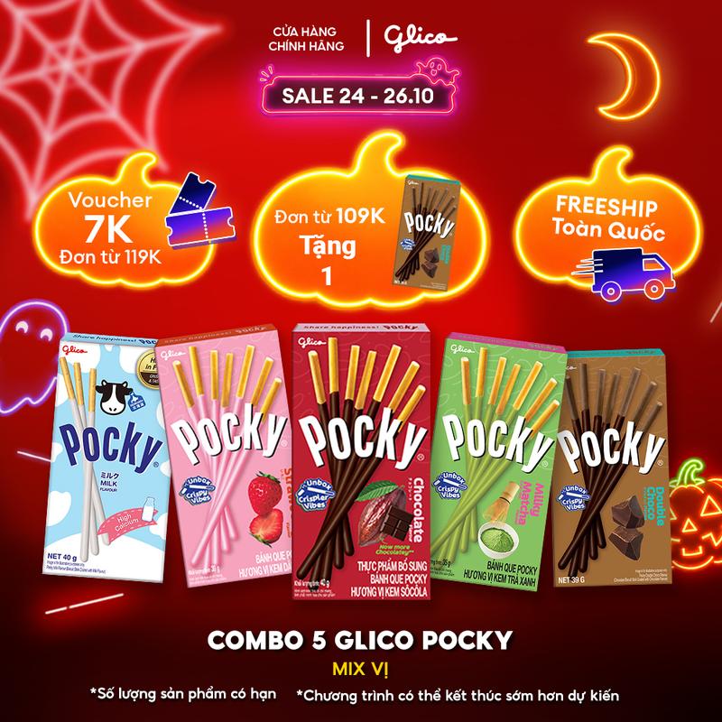 Combo 5 Hộp Mix Vị Bánh Que Phủ Kem Glico Pocky (00646 - 1 Socola _1 Dâu_1 Sữa _1 Trà Xanh_1 Double Choco)