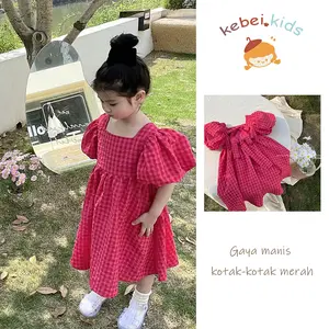 kebei.kids-1- 6Tahun Dress Gaun Anak perempuan korea New model Fashion Gaun lengan balon berkunjung ke pantai dan bermain di pasir Katun Bayi