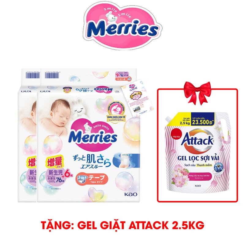 [COMBO 2-TẶNG GEL GIẶT ATTACK 2.5KG] Merries Tã Bỉm dán cộng miếng size NB76+6/S70+6/M56+4 cho bé