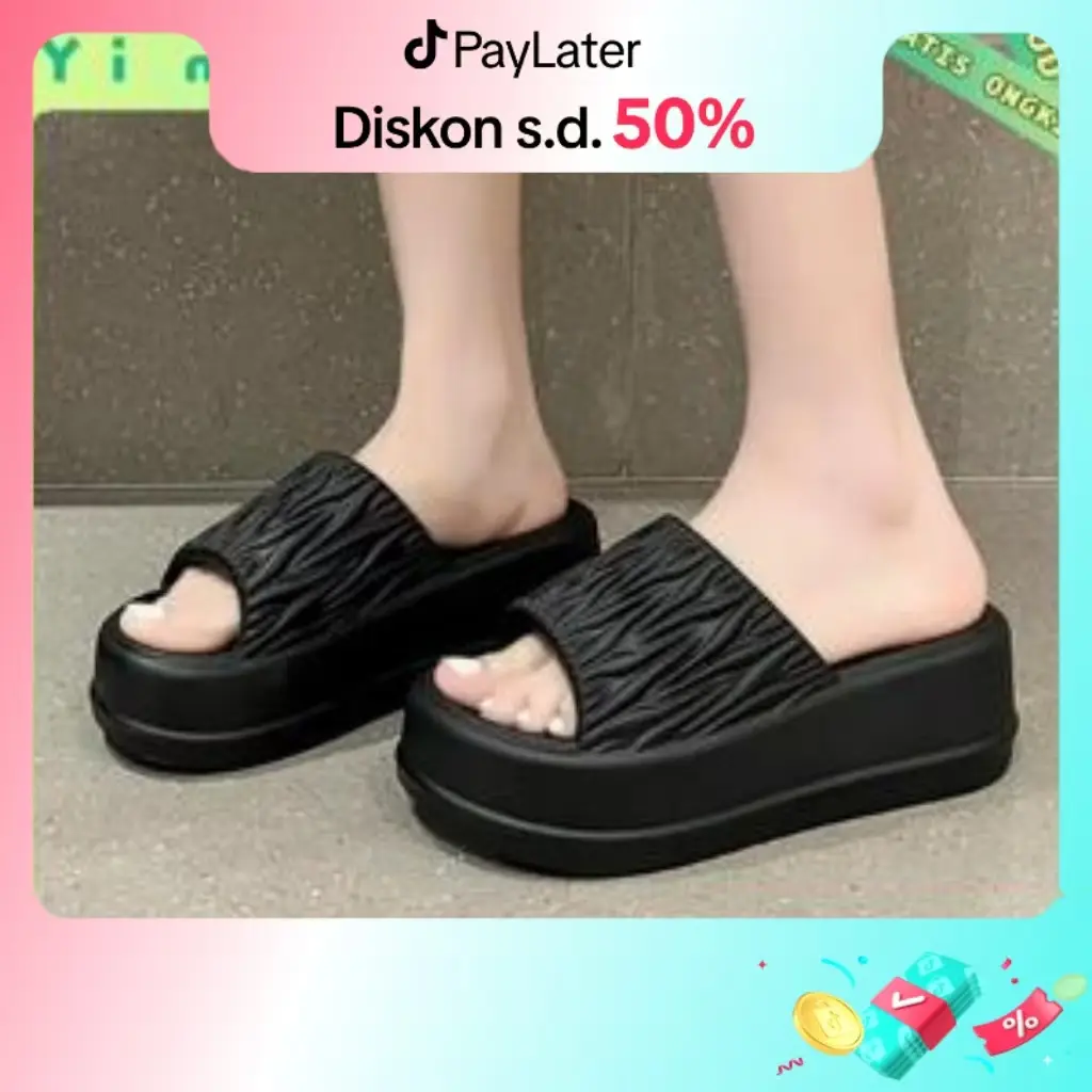 Sandal wanita terbaru wedges tinggi 5cm korea premium fashion EVA Sendal karet wanita jelly kekinian casual tebal ootd empuk cewek Hitam