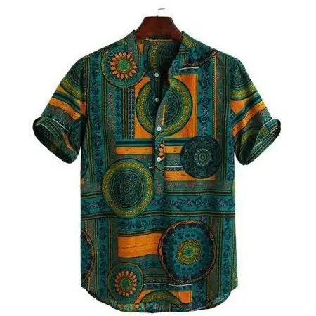 [AFewf] Cotton Summer New Men's Shirts European and American Men's National Style Fashion Casual Printed Shirt Menswear Top Lingerie Clothing