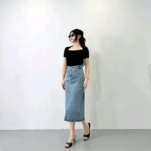 Rok Span Jeans Wanita Highwaist 7/9 Skirt Streach Belah Belakang Terbaru Skirt Panjang