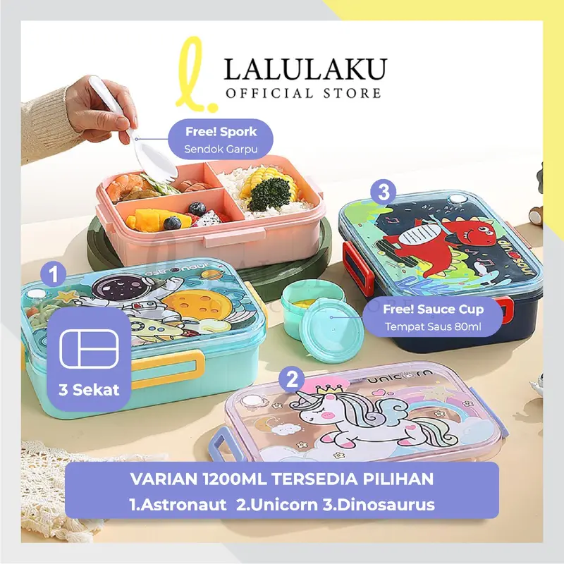Lunch Box Anak TK SD Paud Kotak Bekal Karakter Unicorn Dino Panda Astronot 600ML 1200ML 3