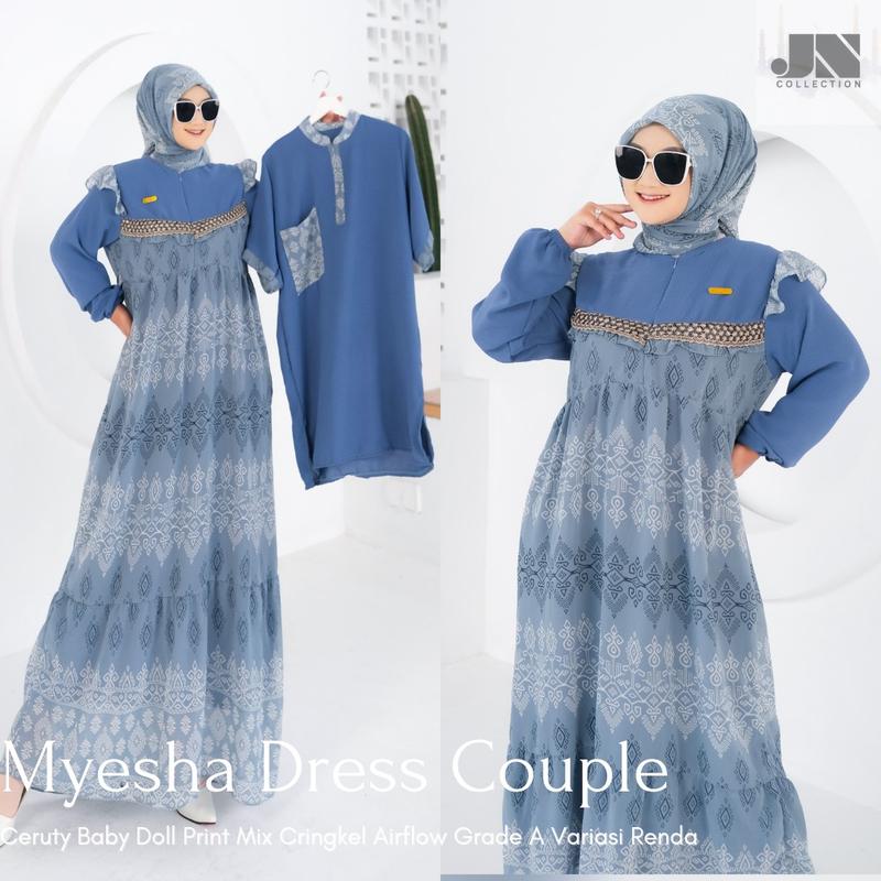 Gamis Sarimbit Myesha Dress Ceruty Print Mix Cringkel Airflow Grade A Variasi Renda FREE Hijab Segi Empat Mewah Elegan 2