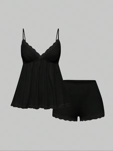 Conjunto de pijama casual con camisola de encaje acanalado y shorts