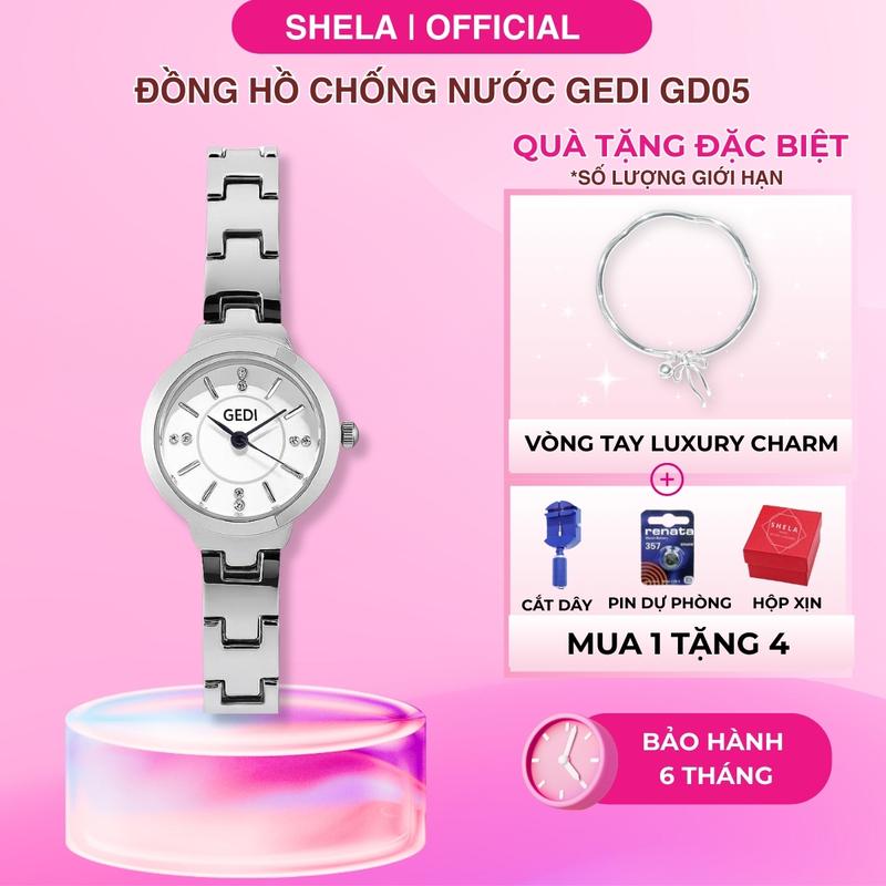Đồng hồ nữ mặt nhỏ GEDI dây kim loại chống nước tốt 3ATM mặt tròn đính đá chính hãng GD05 đeo tay