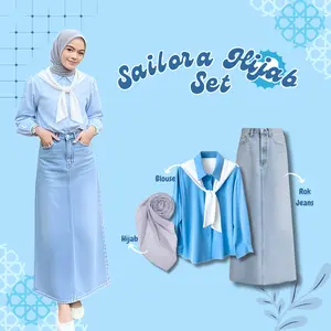 One Set Sailora 3in1 (Rok Jeans+Hijab+Blouse) Setelan Remaja Kekinian Outfit Bukber BC70