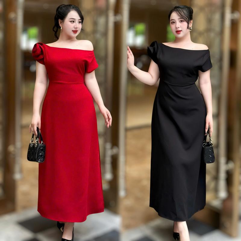 Váy BIGSIZE dáng dài (50-120kg) sang chảnh, hack dáng đi tiệc, đi làm, đi chơi - Ú XINH STORE   Đen Nữ Dress D254 (Tuyết Mưa Hoa Vai 3D)