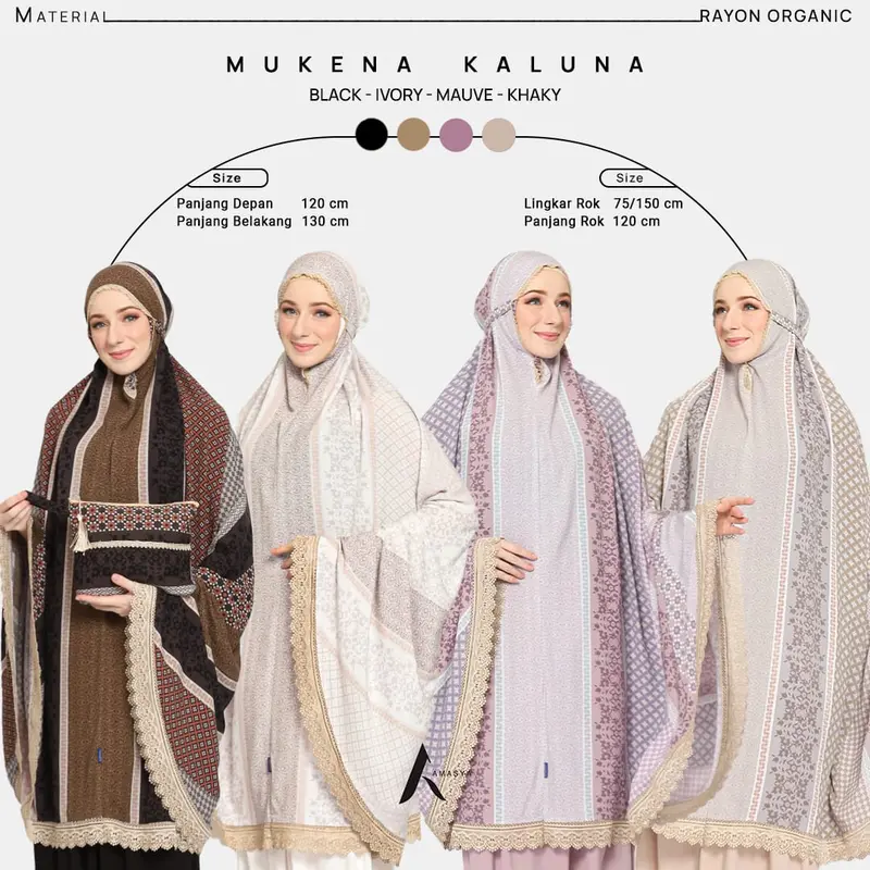 Amasya Kaluna Mukena Dewasa Premium Rayon Organic Atasan Bawahan Motif Renda Panjang Mewah Seserahan 5