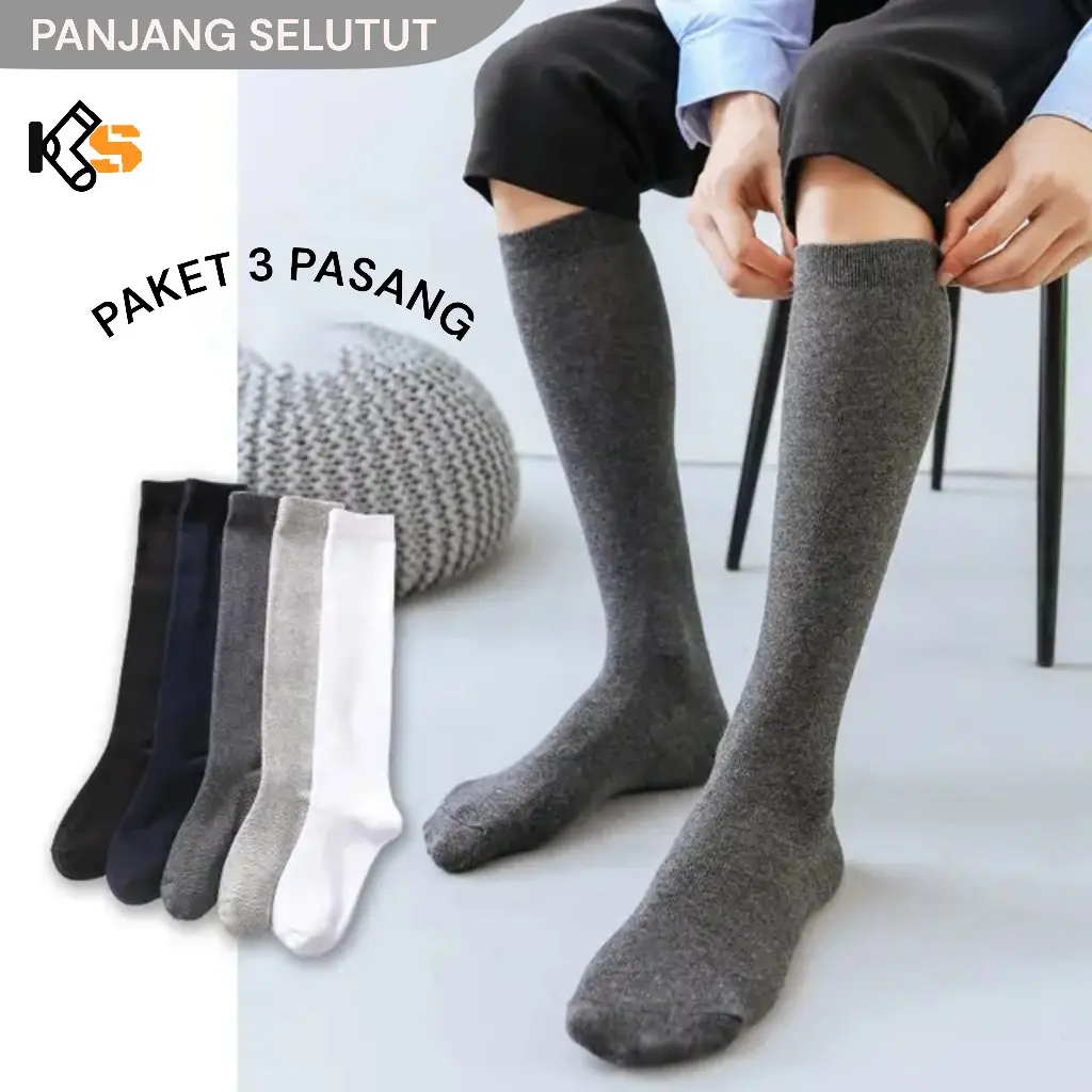 Paket 3 Pasang, Kaos Kaki Polos Panjang Selutut Pria Wanita Dewasa, Bahan Katun PE Lembut Allsize 38-43