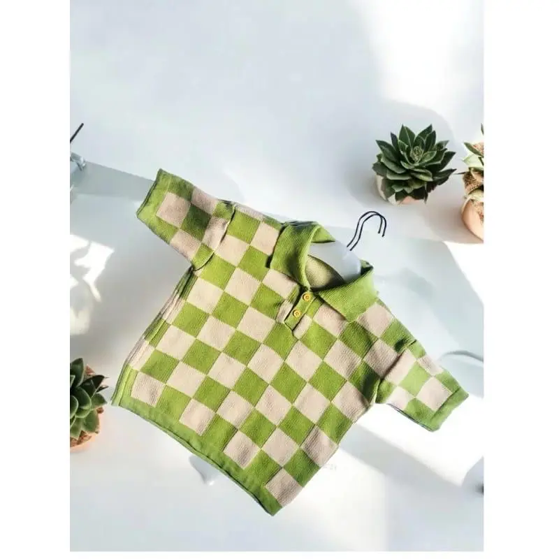 Polo Rajut Motif Kotak Atasan tangan pendek Sweater Premium Unisex Pakaian Anak Cowo Cewe Baju Fashion 4