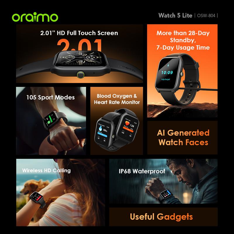 [Exclusive JOERDY] oraimo Watch 5 Lite Smartwatch [OSW-804] Layar 2.01'' Bluetooth Tahan Lama Tahan Air Debu Layar Monitor Amoled 100+ Mode Olahraga Large Screen Wireless Call Long Battery Life IP68 Waterproof 2