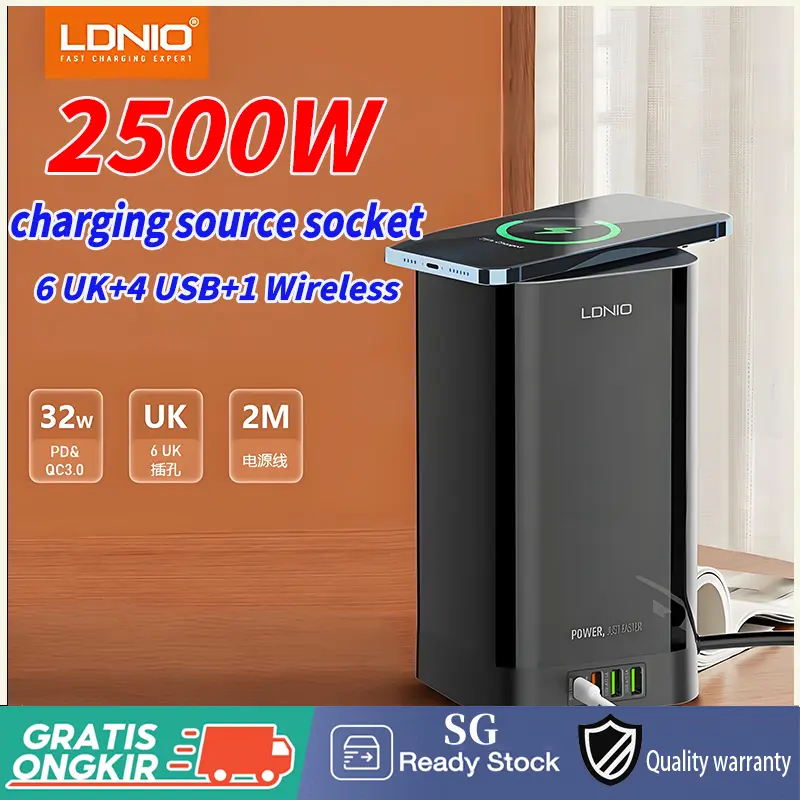SG【Spot goods】】LDNIO Power Socket With UK 6 Pin + 4 USB Fast Charger Wireless Charging Source Socket Extesnion QC3.0