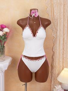 Conjunto de tankini para mujer, traje de baño de dos piezas en color sólido con encaje floral y tela especial, sexy, perfecto para vacaciones en la playa y fiestas en la piscina