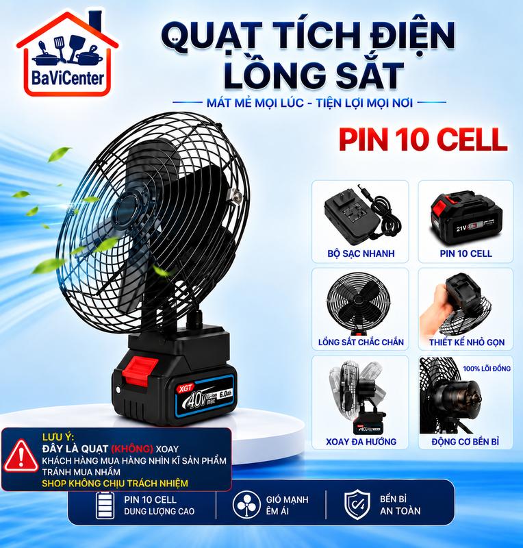 [Hàng Loại 1] Quạt Tích Điện Pin 10 Cell Loại Không Có Túp Năng (Không Xoay), Quạt Để Bàn Chân Pin Phổ Thông Tiện Lợi, Dễ Sử Dụng, Tặng Kèm Sạc