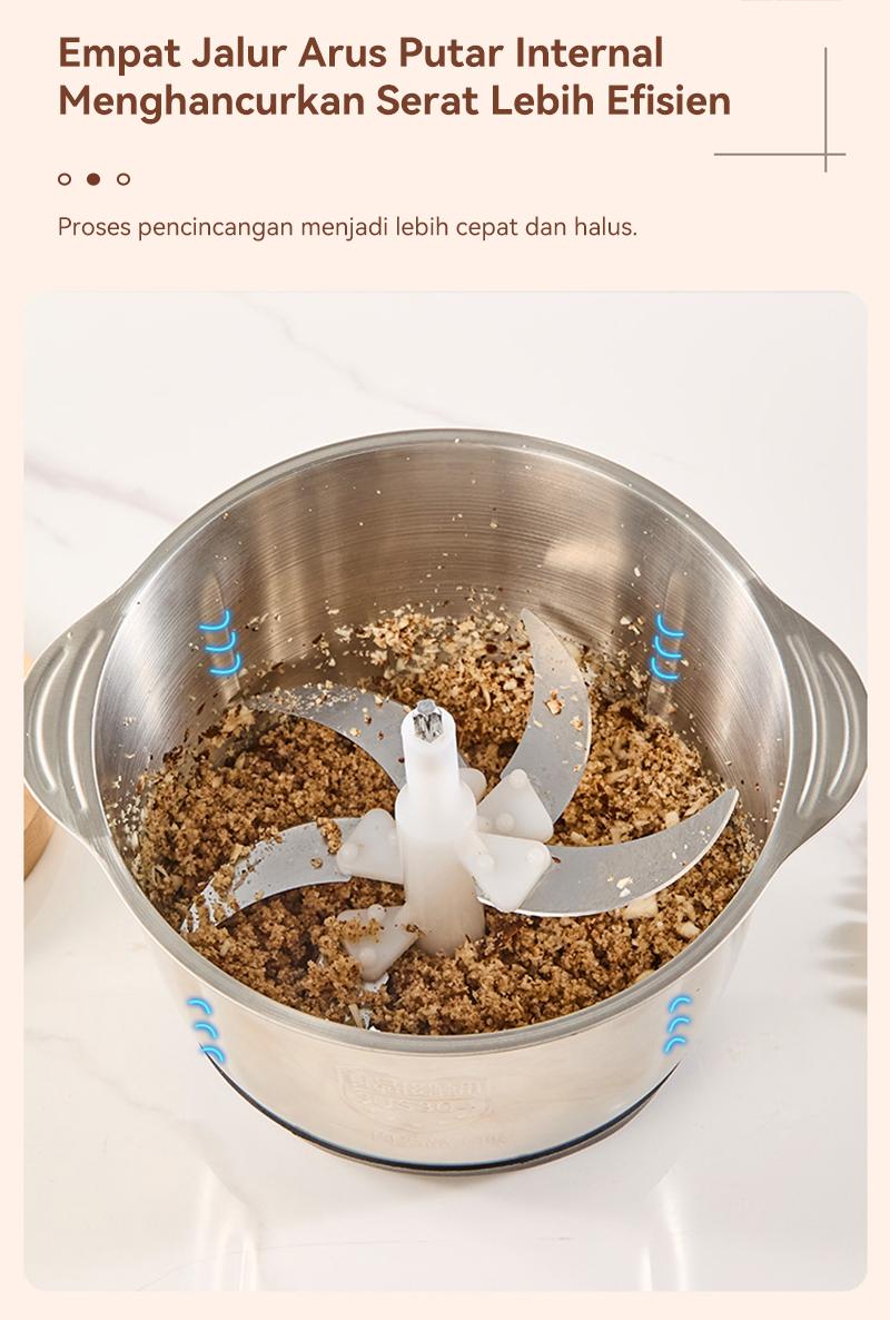 Penggiling/blender daging rumah tangga untuk daging, sayuran, dan buah-buahan, kapasitas 2 liter.