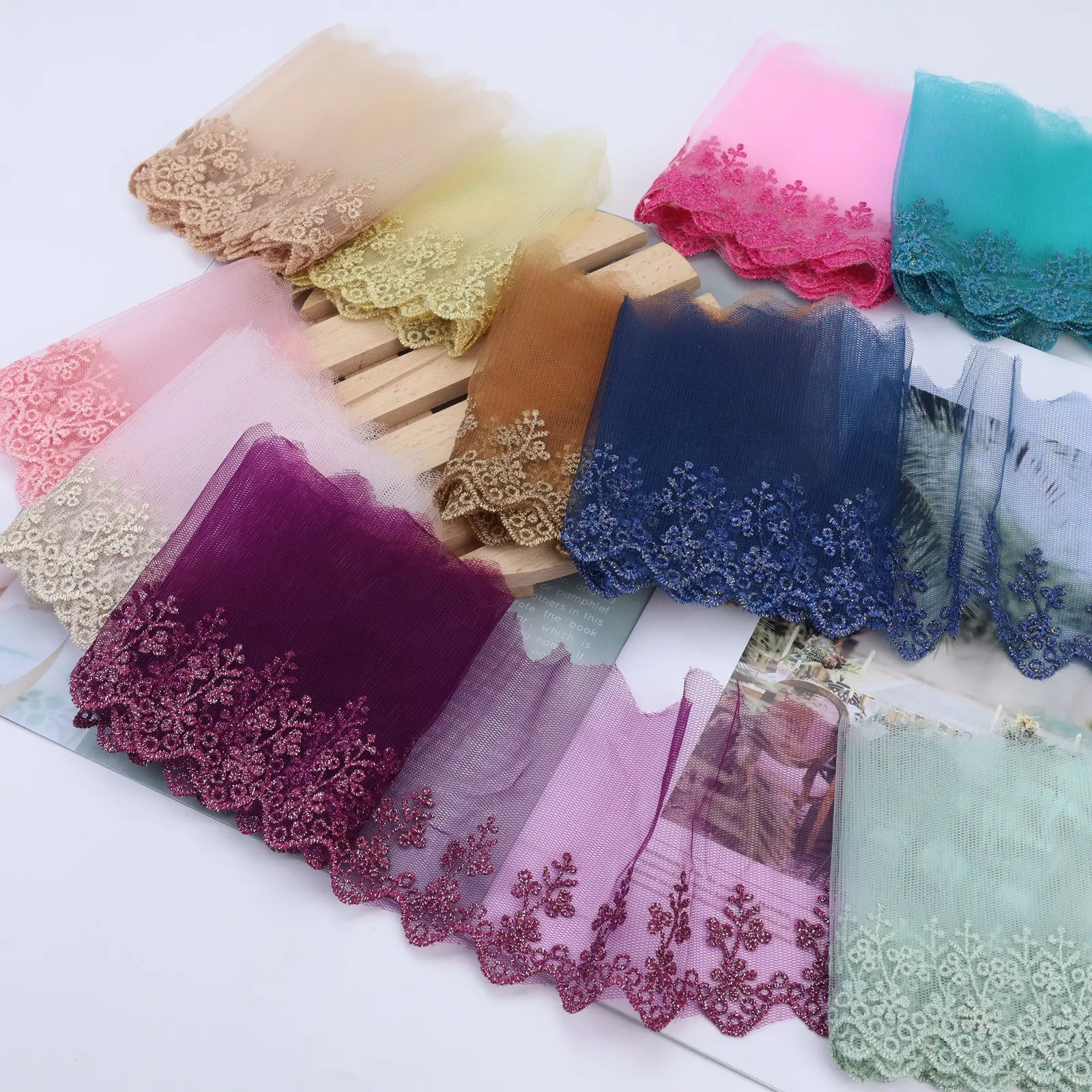 1 Yard Floral Embroidered Lace Ribbon Colorful Eyelet Tulle Lace Scalloped Lace Trim for Sewing,Dress Decorations