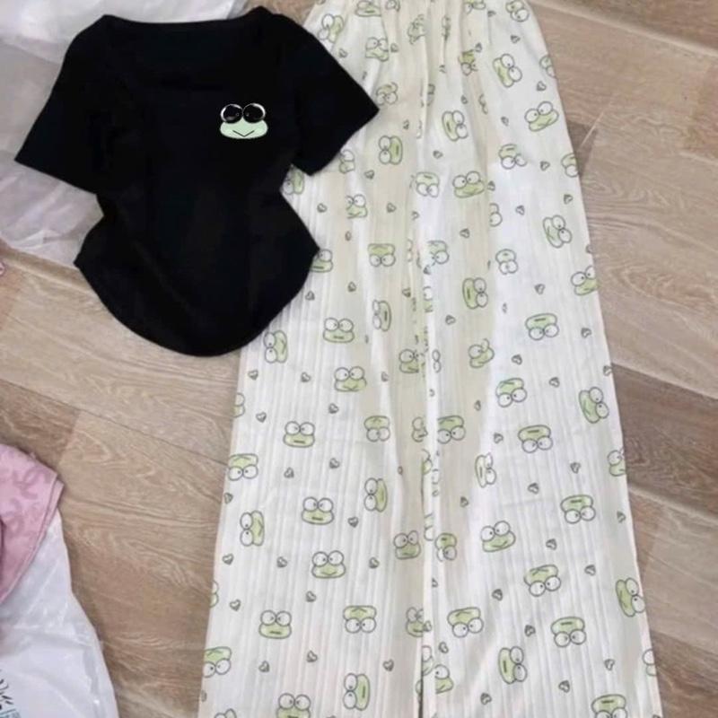 Set bộ áo babytee cổ vuông in hình ếch mix quần đũi in full ếch