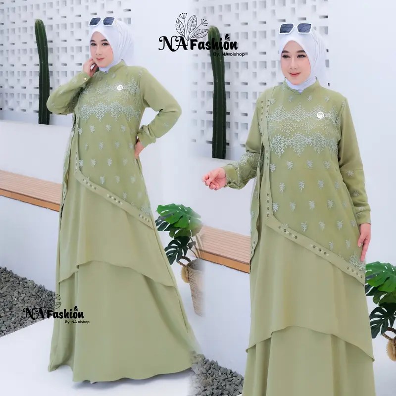 Na Fashion- NAMIRA Dress Gamis Malaysia Kombinasi Brukat Bahan Crinkle Premium mix brokat sapto minimalis cantik mewah elegant 2