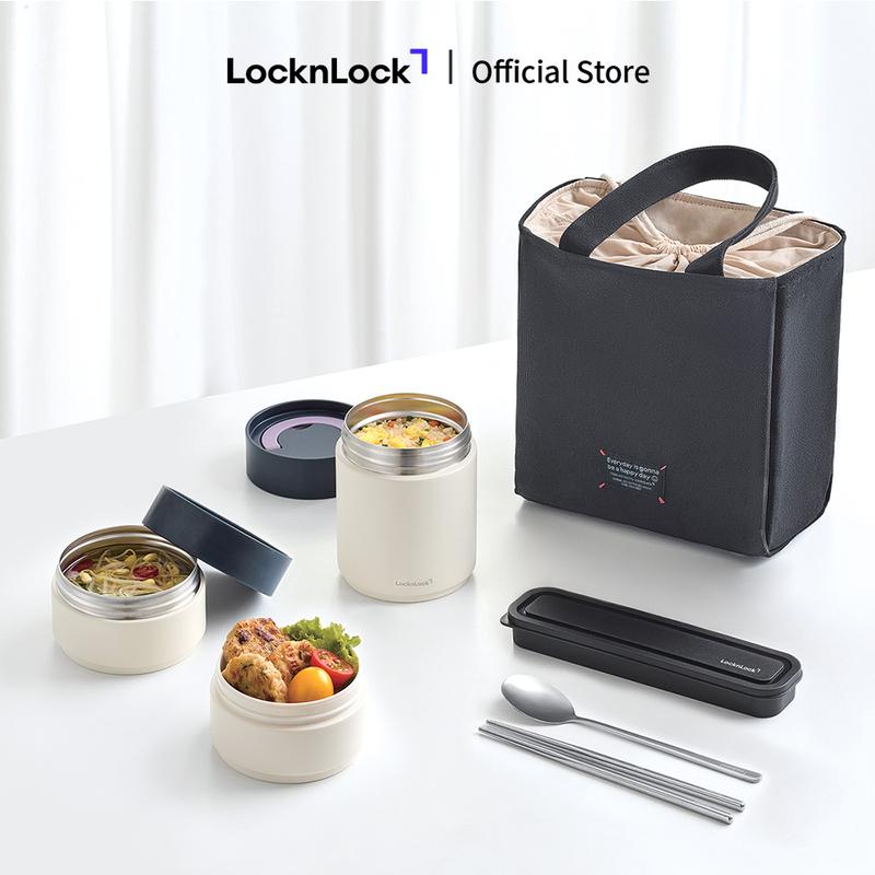 New Bộ hộp cơm giữ nhiệt LocknLock - LHC8014IVY All-Fit Lunch Box 230ml*1 310ml*1 480ml*1 bộ đũa và thìa túi
