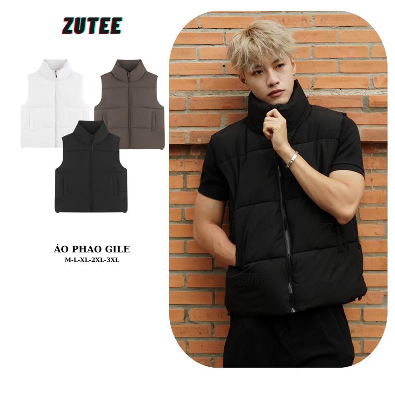Áo phao gile nam nữ có túi sườn form rộng ZUTEE, Áo khoác phao cổ cao Menswear Đen