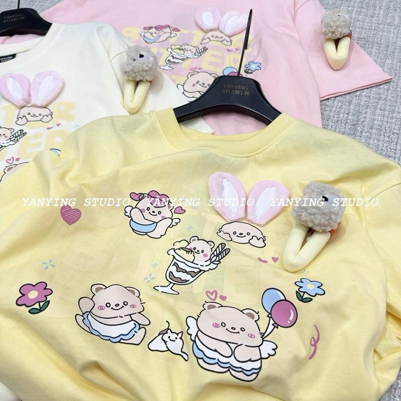 Phông hoạ tiết Gấu cute thêu tai nổi kèm kẹp tóc, form rộng 5