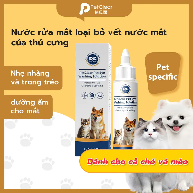 Sữa rửa mắt Petclear - Được thiết kế đặc biệt cho mèo và chó, Nước tẩy vết rách, Loại bỏ vết xả mắt, Chăm sóc mắt, Công thức dựa trên thực vật, Nước rửa mắt cho thú cưng 60ml.