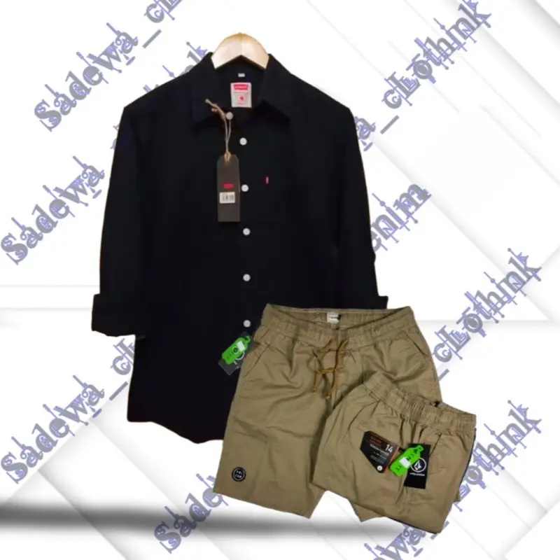 PAKET HEMAT COD Setelan Kemeja Lengan Panjang Pria Dewasa Celana Pendek Pria Dewasa Laki Laki One Set Pria Polos Lengan panjang Katun 2