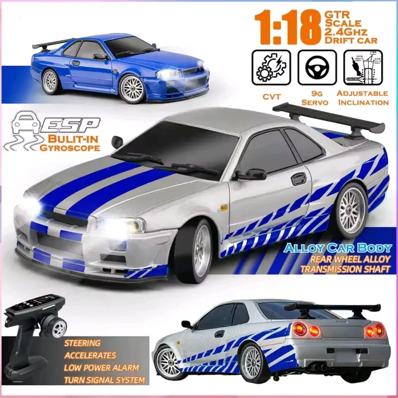 RC DRIFT RWD NISSAN SKYLINE GTR R34 R-34 BODY METAL ALLOY SCALE 1/18 FAST FURIOUS BRIAN Remote Toys Control 0