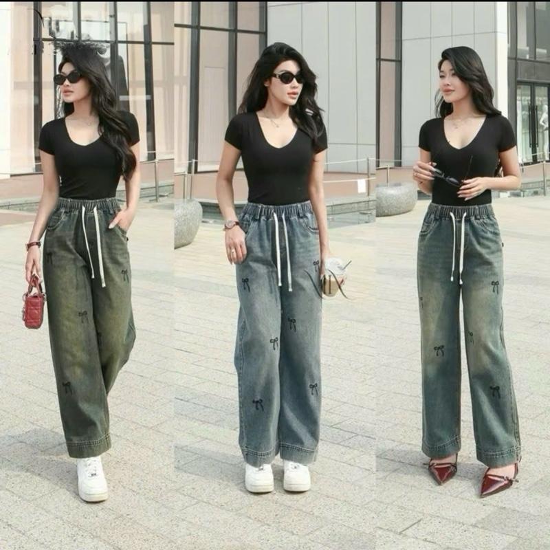 Quần Jean Nữ Dáng Suông Hoạ Tiết Thêu Nơ Xinh Xắn Chất Liệu Vải Dày Mềm